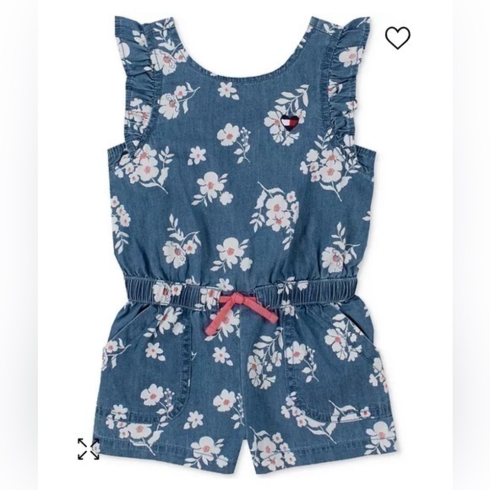 Pre-owned 100% cotton✨Tommy Hilfiger Little Girls Floral-Print Denim Romper